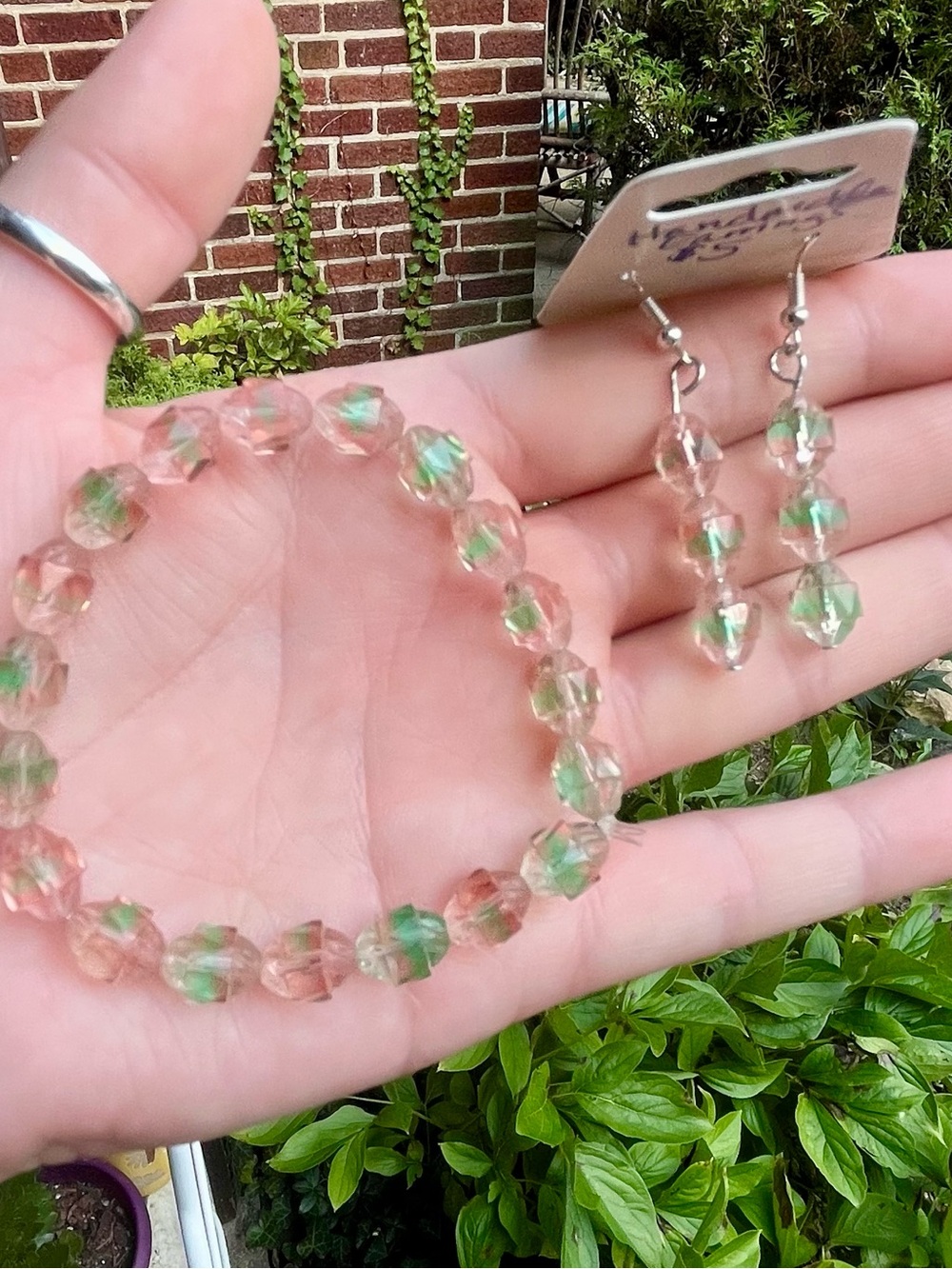 Pink and Green Crystal Bead Bracelet - Elegant Stretch Bracelet